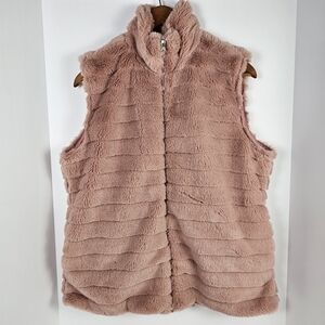 Katydid Pink Faux Fur Vest Women’s Size Large Zip Front Plush Sleeveless Jacket
